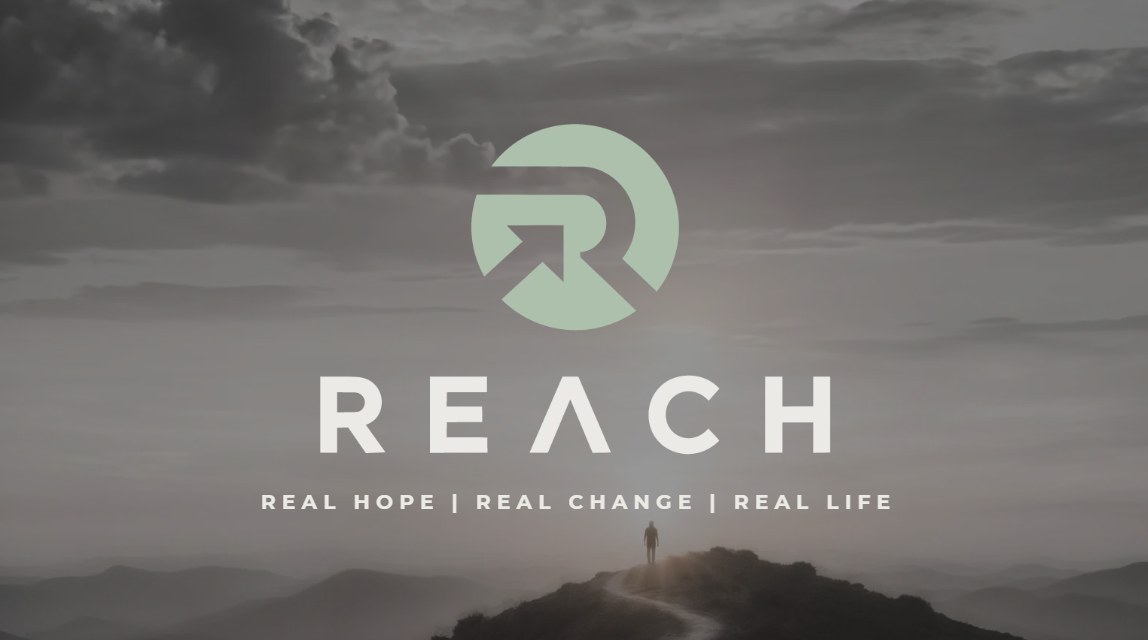 The new REACH logo: a circle, the letter R and a forward arrow, over a misty mountain path