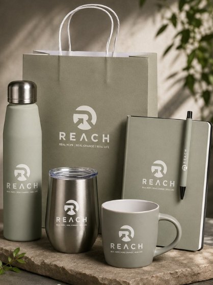 REACH branded gift items: bottle, tumbler, mug, notebook and pen